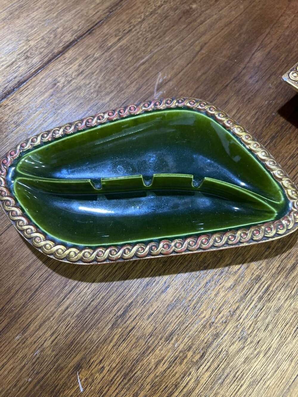 Vintage Ceramic Green Ashtray Gold Trim Mid Century Modern